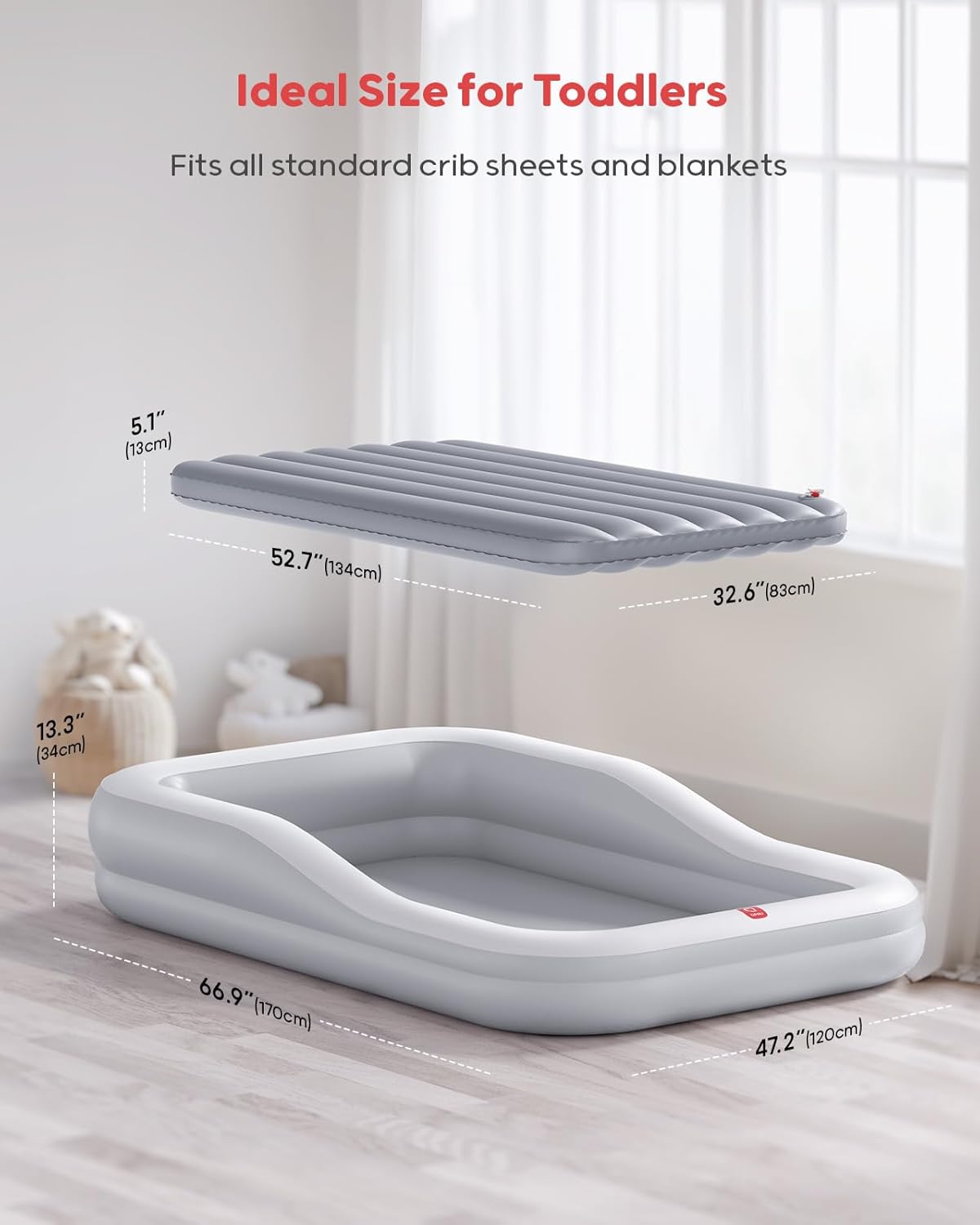 QPAU Inflatable Toddler Travel Bed with Tent, Baby Crib Tent, Portable Kids Air Mattress with Safety Bumpers, Ideal for Home, Grandma's, Camping, Traveling -Includes Fast Electric Pump (Grey) - Image 7