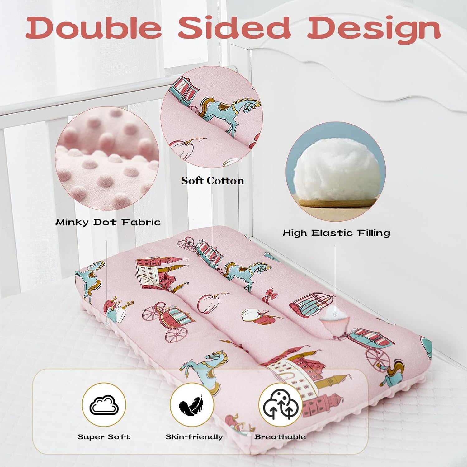 Reidio 1Pcs Toddler Pillow Double Sided Breathable Soft Cotton & Minky Dot Fabric Kids Pillow Cute Small Pillow Machine Washable (Blue) - Image 5