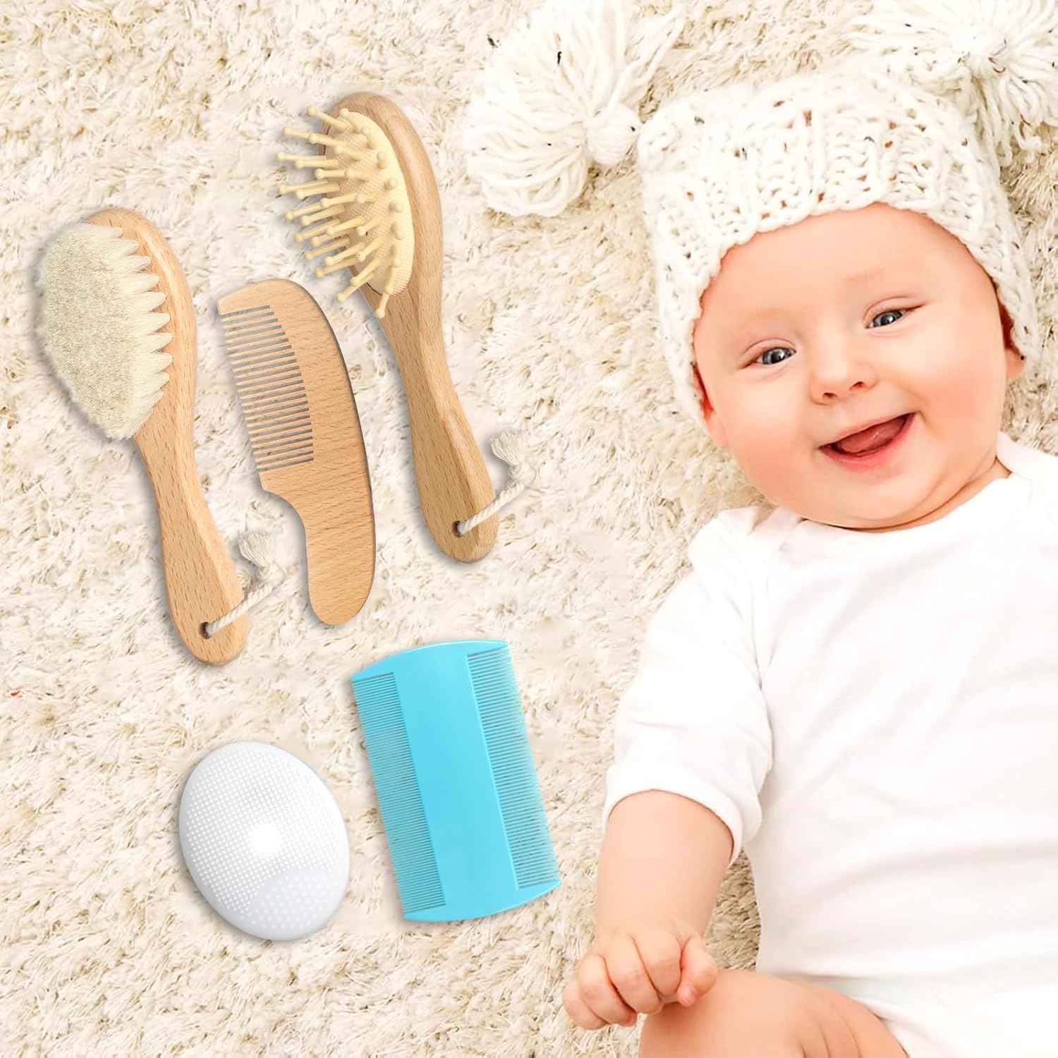 Baby Hair Care Kit, 5 in 1 Wooden Natural Goat Bristles Brush Cradle Cap Comb Baby Grooming Kit for Newborns Toddlers Boys Girls Gift - Image 9