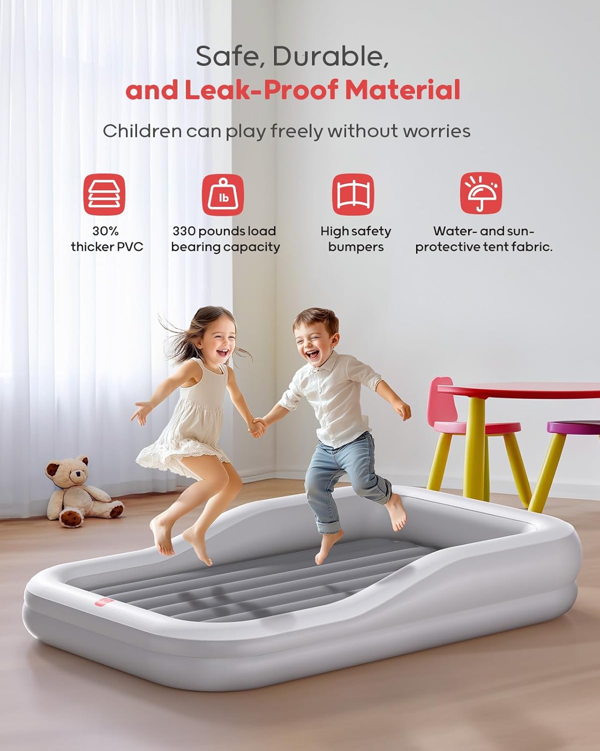 QPAU Inflatable Toddler Travel Bed with Tent, Baby Crib Tent, Portable Kids Air Mattress with Safety Bumpers, Ideal for Home, Grandma's, Camping, Traveling -Includes Fast Electric Pump (Grey) - Image 4