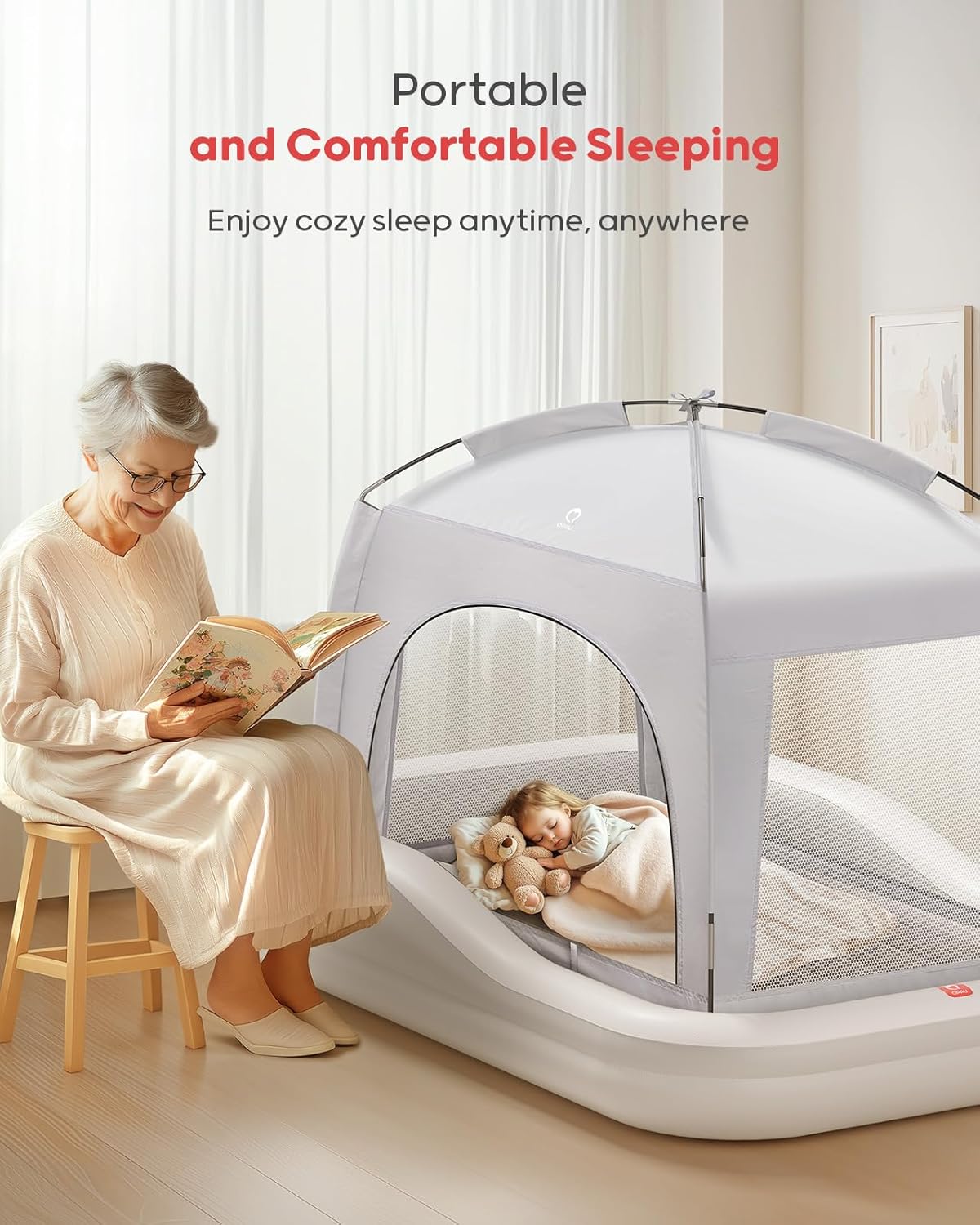 QPAU Inflatable Toddler Travel Bed with Tent, Baby Crib Tent, Portable Kids Air Mattress with Safety Bumpers, Ideal for Home, Grandma's, Camping, Traveling -Includes Fast Electric Pump (Grey) - Image 5