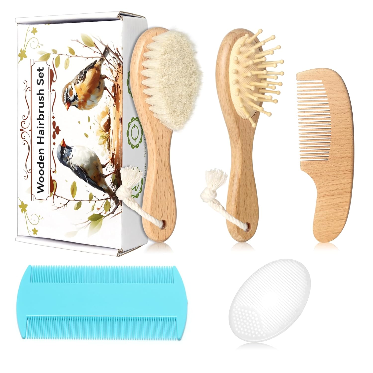 Baby Hair Care Kit, 5 in 1 Wooden Natural Goat Bristles Brush Cradle Cap Comb Baby Grooming Kit for Newborns Toddlers Boys Girls Gift - Image 2