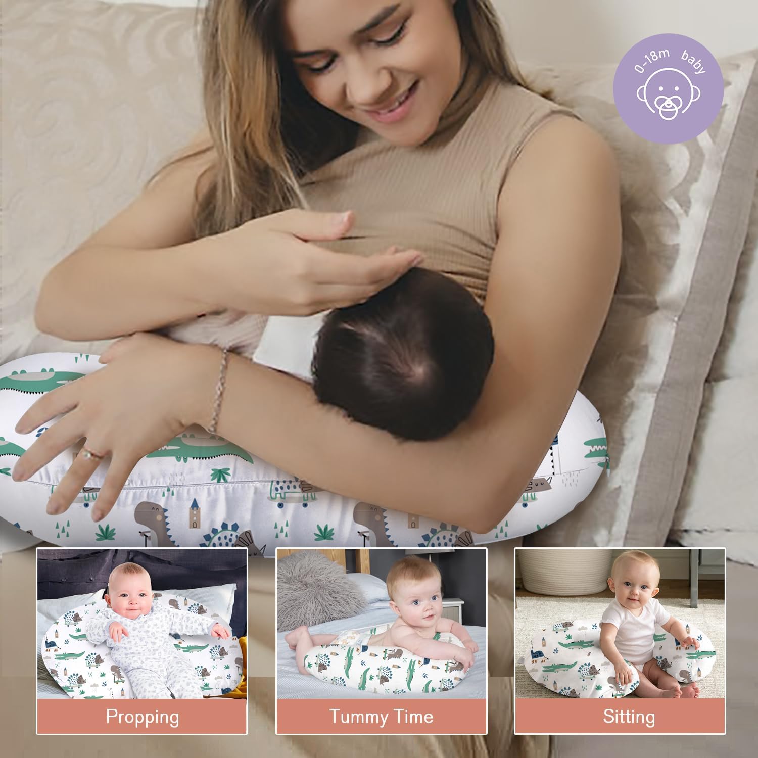 Little Grape Land Nursing Pillow for Infants, Breastfeeding Pillows, Baby Support Pillow for Nursing, Bottle Feeding, Tummy Time with Machine Washable Cover & Breathable Filling (Wild Dinosaur) - Image 5