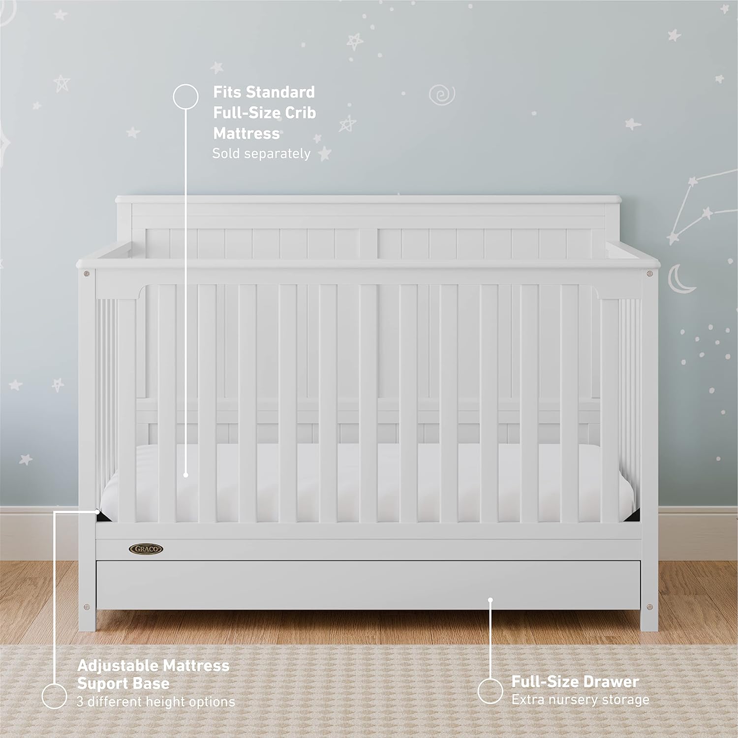 Graco Hadley 5-in-1 Convertible Crib with Drawer (White) – GREENGUARD Gold Certified, Crib with Drawer Combo, Full-Size Nursery Storage Drawer, Converts to Toddler Bed, Daybed - Image 3
