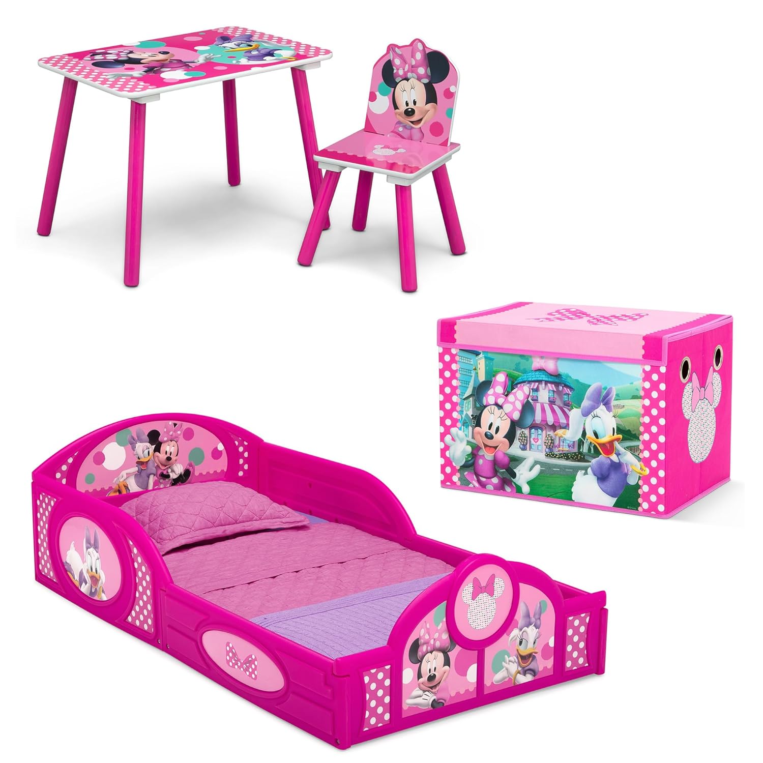 Delta Children Disney Minnie Mouse 4-Piece Toddler Room-in-a-Box Set – Includes Sleep and Play Toddler Bed, Table, 1 Chair and Toy Box, Pink - Image 2