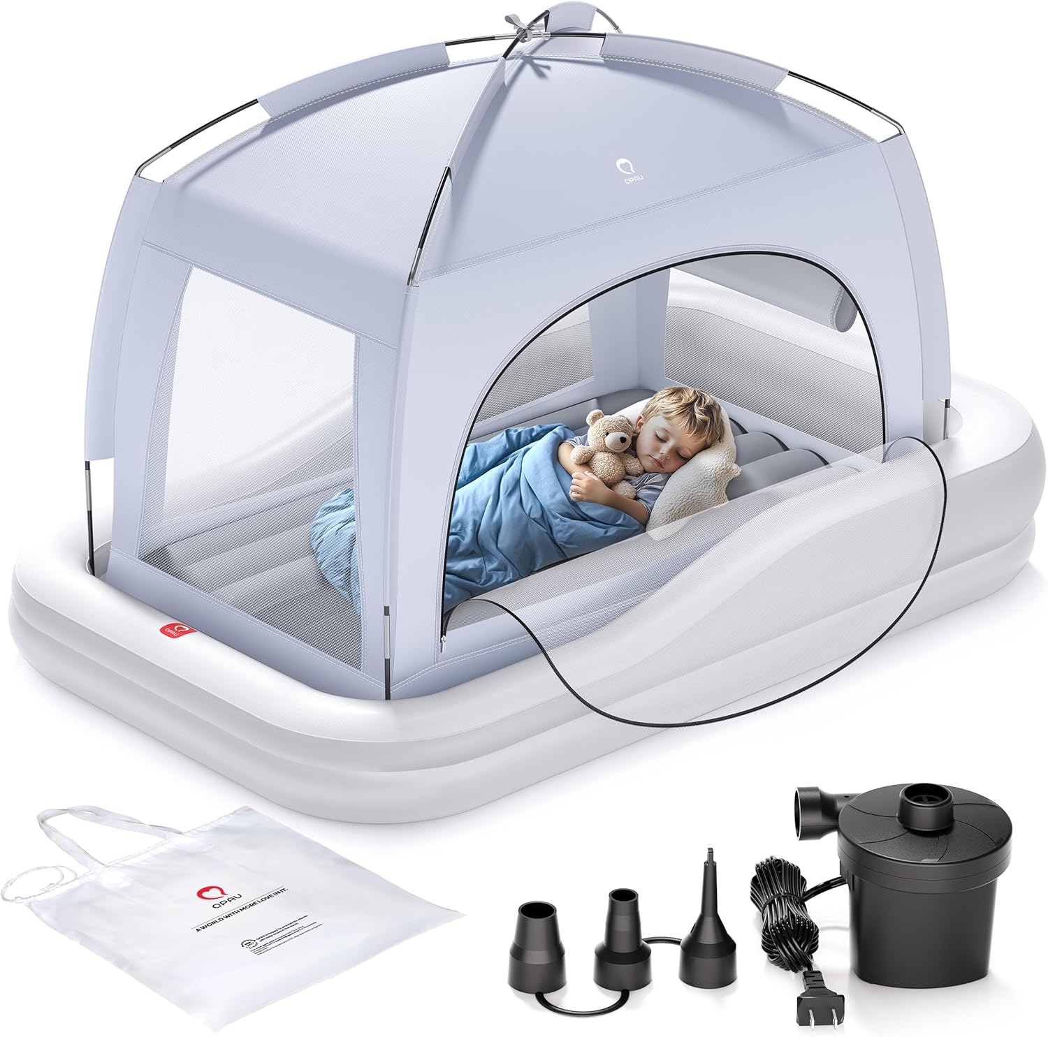 QPAU Inflatable Toddler Travel Bed with Tent, Baby Crib Tent, Portable Kids Air Mattress with Safety Bumpers, Ideal for Home, Grandma's, Camping, Traveling -Includes Fast Electric Pump (Grey) - Image 2