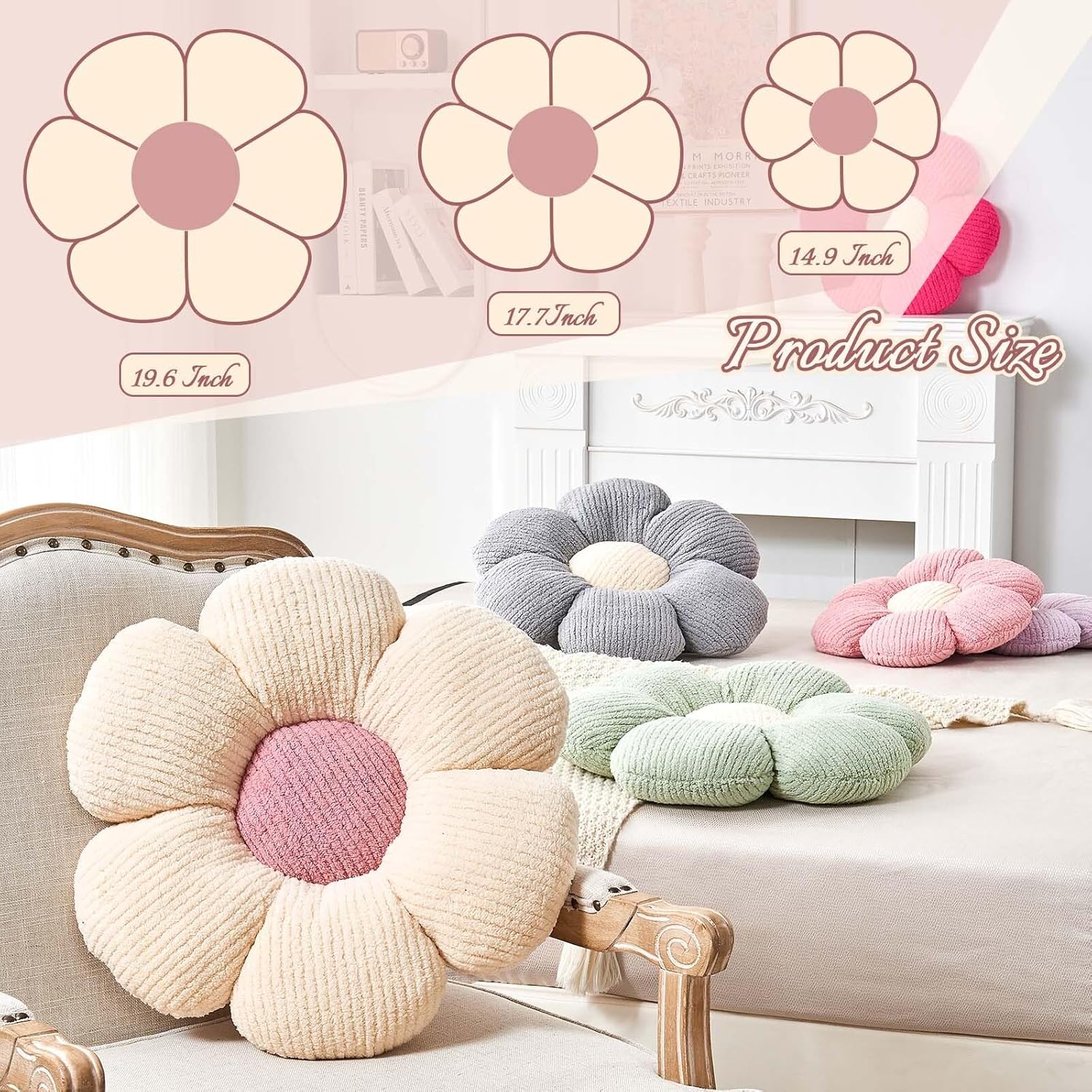 Flower Throw Pillow, Soft White 14.9" Shaped Floor Pillow for Home Decor, Cute Aesthetic Plush Decorative Pillows for Bed, Sofa, Couch - Image 3