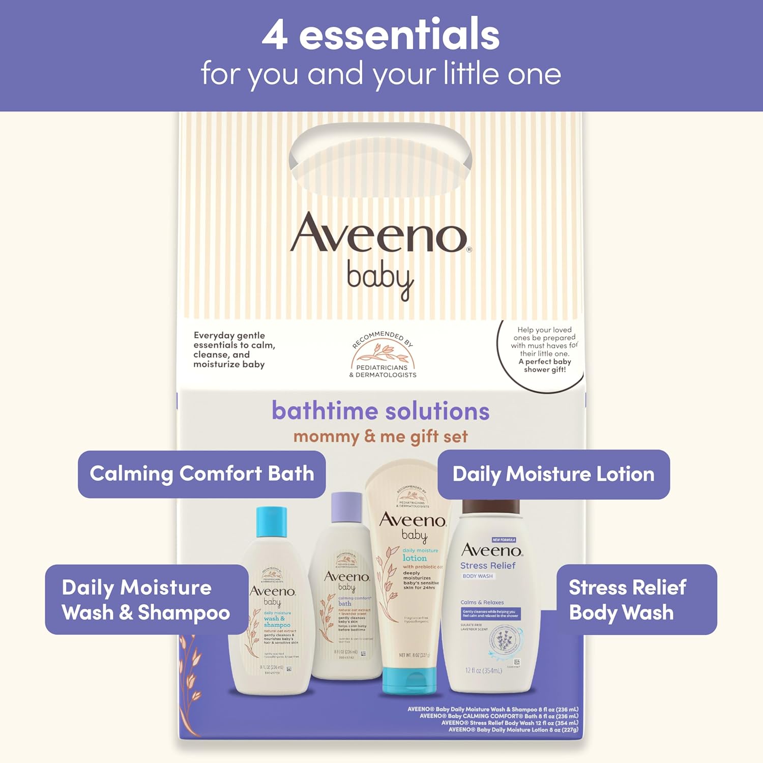 Aveeno Baby Bathtime Solutions Mommy & Me Gift Set, Baby Wash & Shampoo, Calming Bath, Daily Moisturizing Lotion and Stress Relief Body Wash for Mom, Colloidal Oat, Baby Bath Essentials, 4 items - Image 4