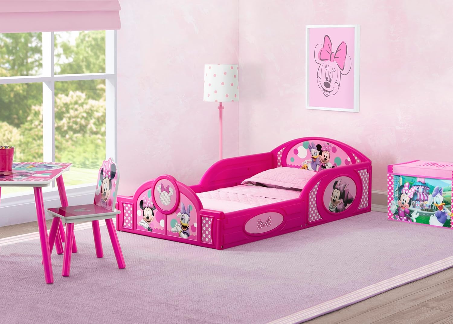 Delta Children Disney Minnie Mouse 4-Piece Toddler Room-in-a-Box Set – Includes Sleep and Play Toddler Bed, Table, 1 Chair and Toy Box, Pink - Image 3