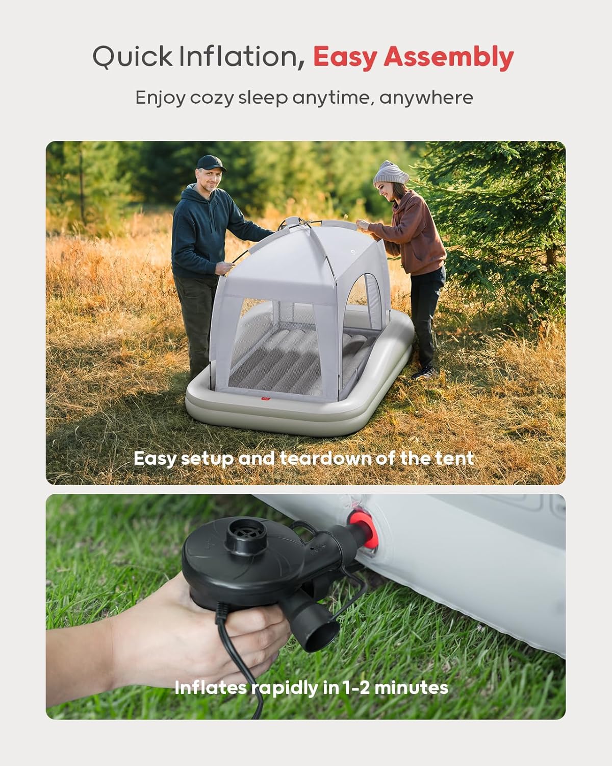 QPAU Inflatable Toddler Travel Bed with Tent, Baby Crib Tent, Portable Kids Air Mattress with Safety Bumpers, Ideal for Home, Grandma's, Camping, Traveling -Includes Fast Electric Pump (Grey) - Image 6