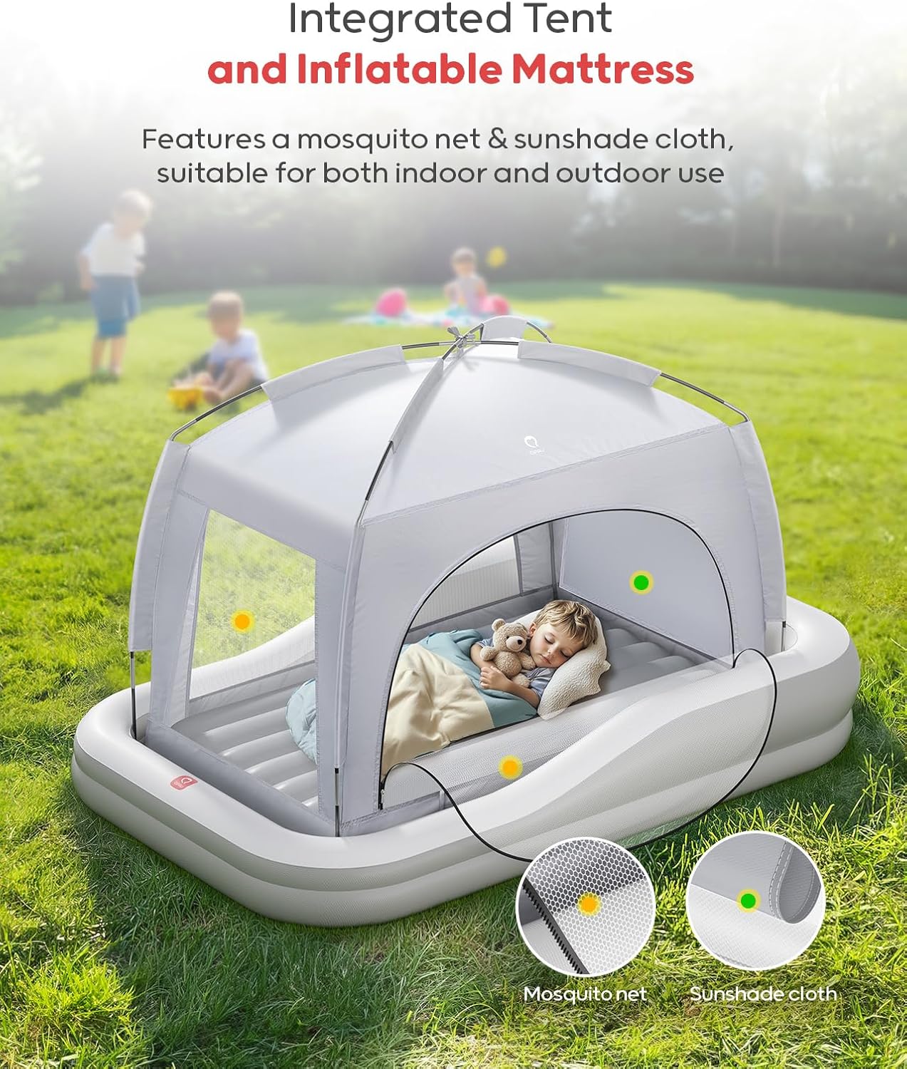 QPAU Inflatable Toddler Travel Bed with Tent, Baby Crib Tent, Portable Kids Air Mattress with Safety Bumpers, Ideal for Home, Grandma's, Camping, Traveling -Includes Fast Electric Pump (Grey) - Image 3