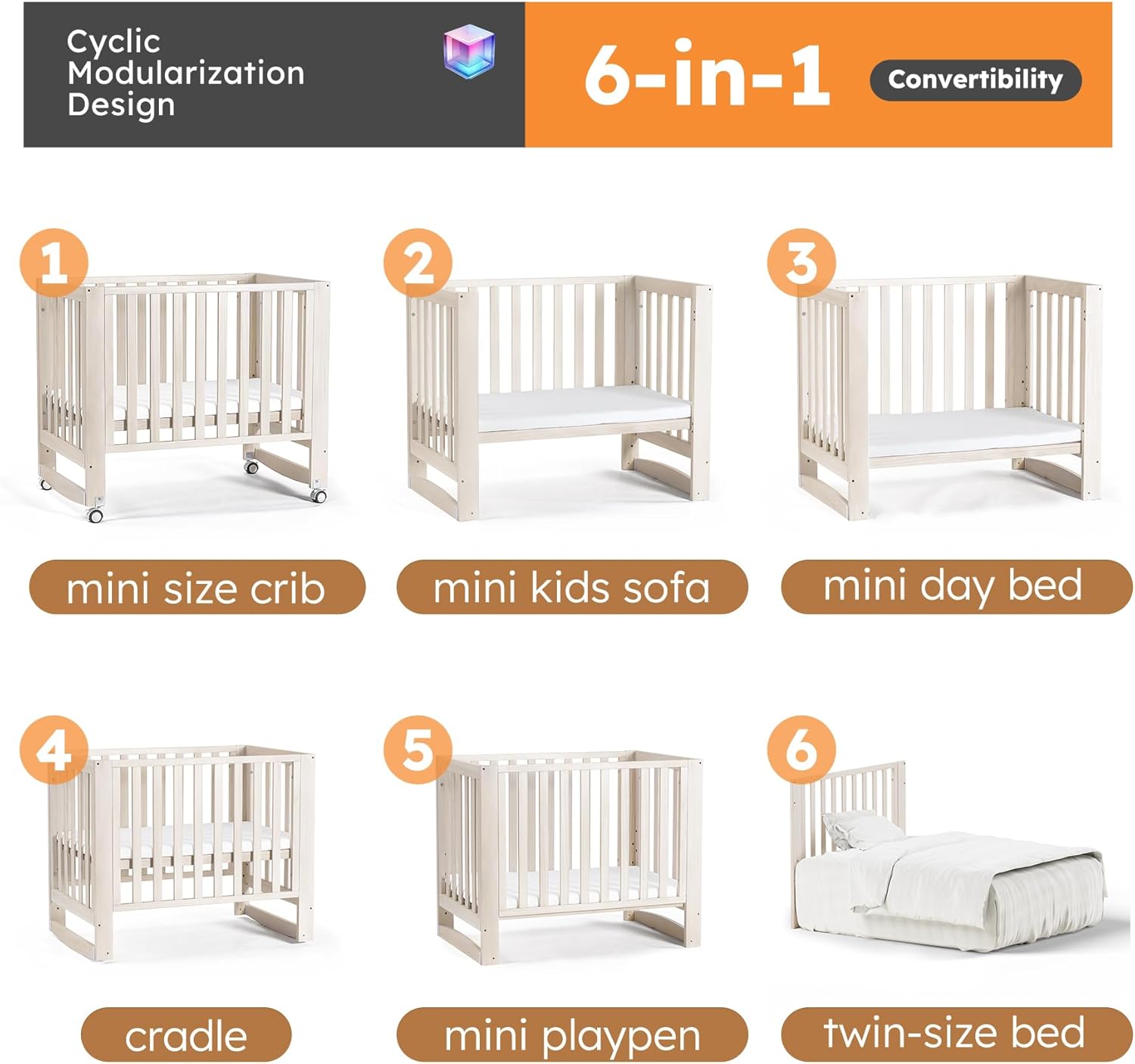 MAMAZING EvoNest Baby Crib, 6 in 1 Convertible Mini Crib with Wheels, 100% New Zealand Wood Growing Bed, 4 Adjustable Mattress Height, GREENGUARD Gold Certified, Wahsed Natural (Beige) - Image 6
