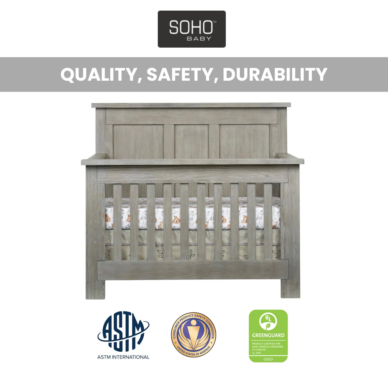 Soho Baby Hanover Premium 4-in-1 Convertible Crib, Flat-Top Headboard, Oak Gray, GreenGuard Gold Certified - Image 6