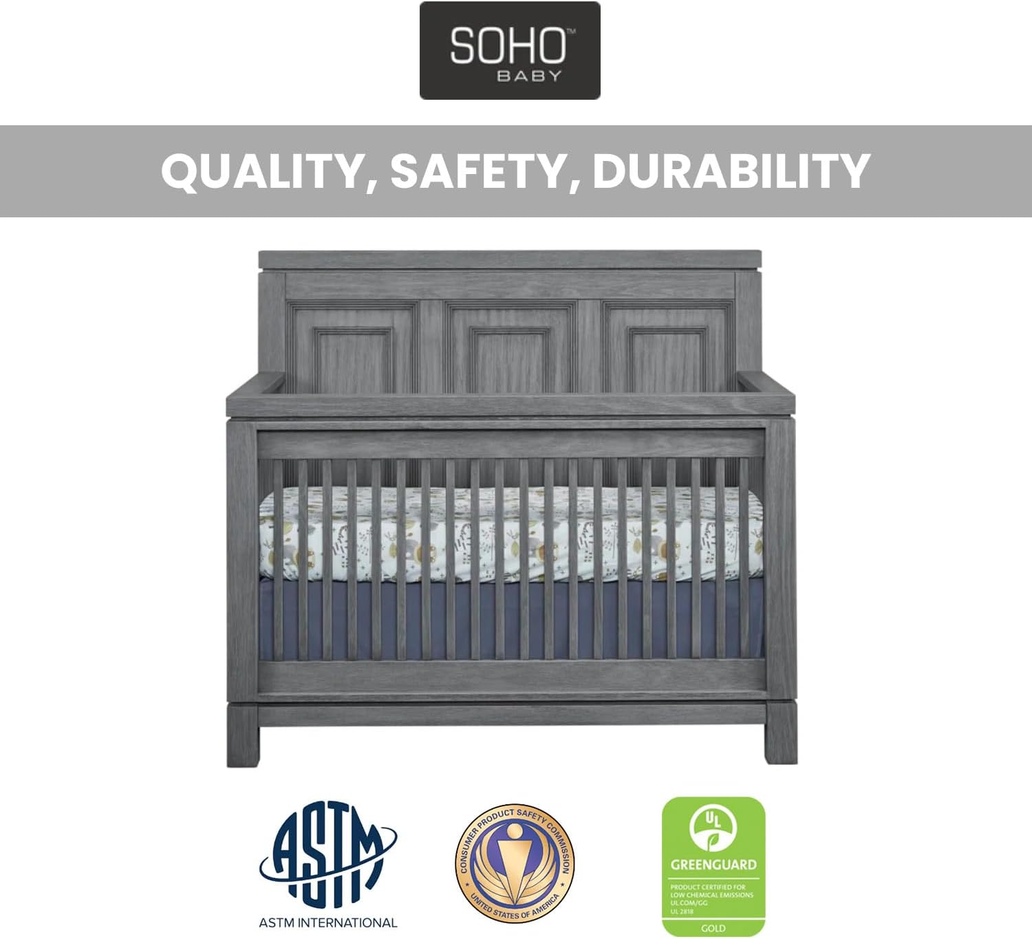 Soho Baby Manchester Premium 4-in-1 Convertible Crib, Flat-Top Headboard, Rustic Gray, GreenGuard Gold Certified - Image 6