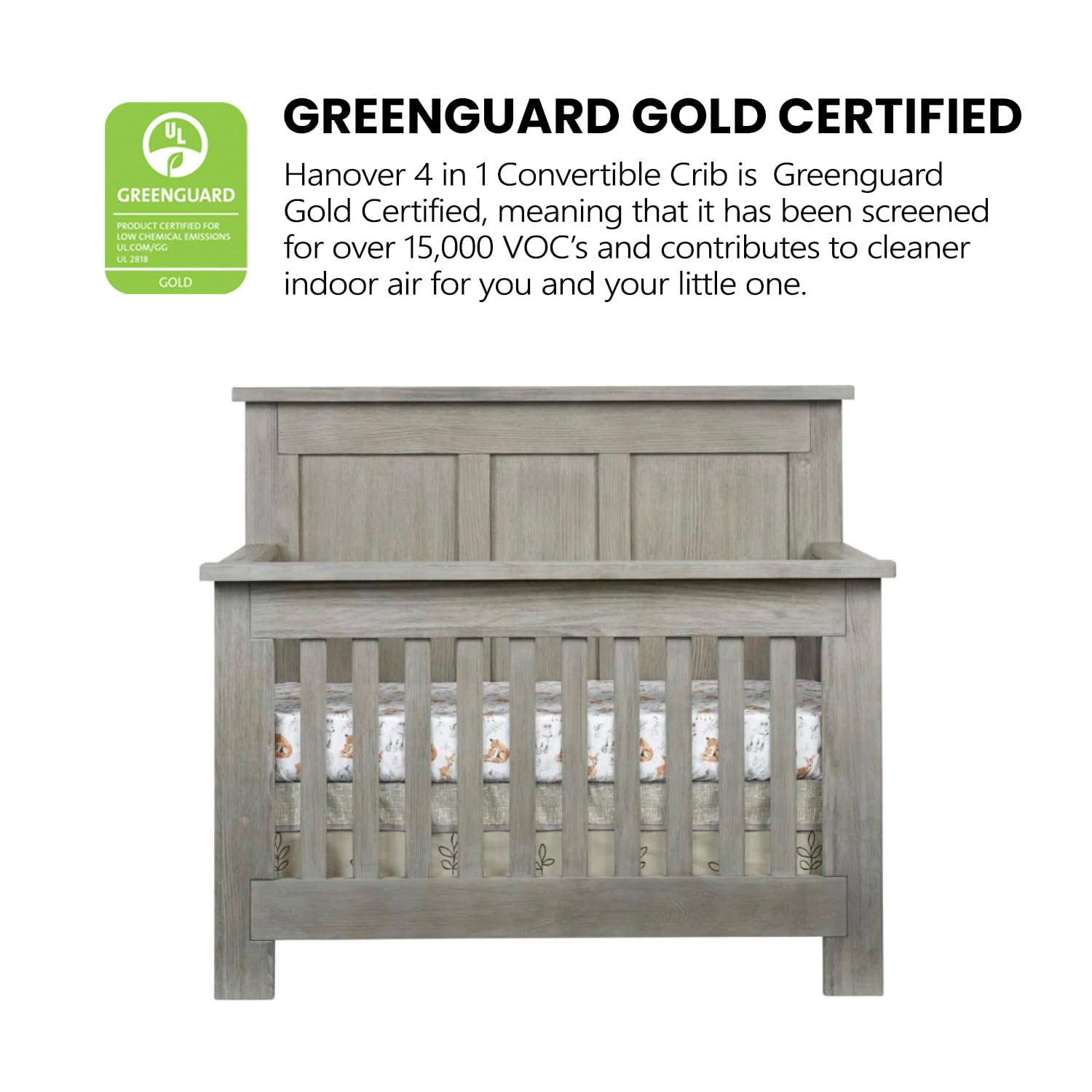Soho Baby Hanover Premium 4-in-1 Convertible Crib, Flat-Top Headboard, Oak Gray, GreenGuard Gold Certified - Image 7