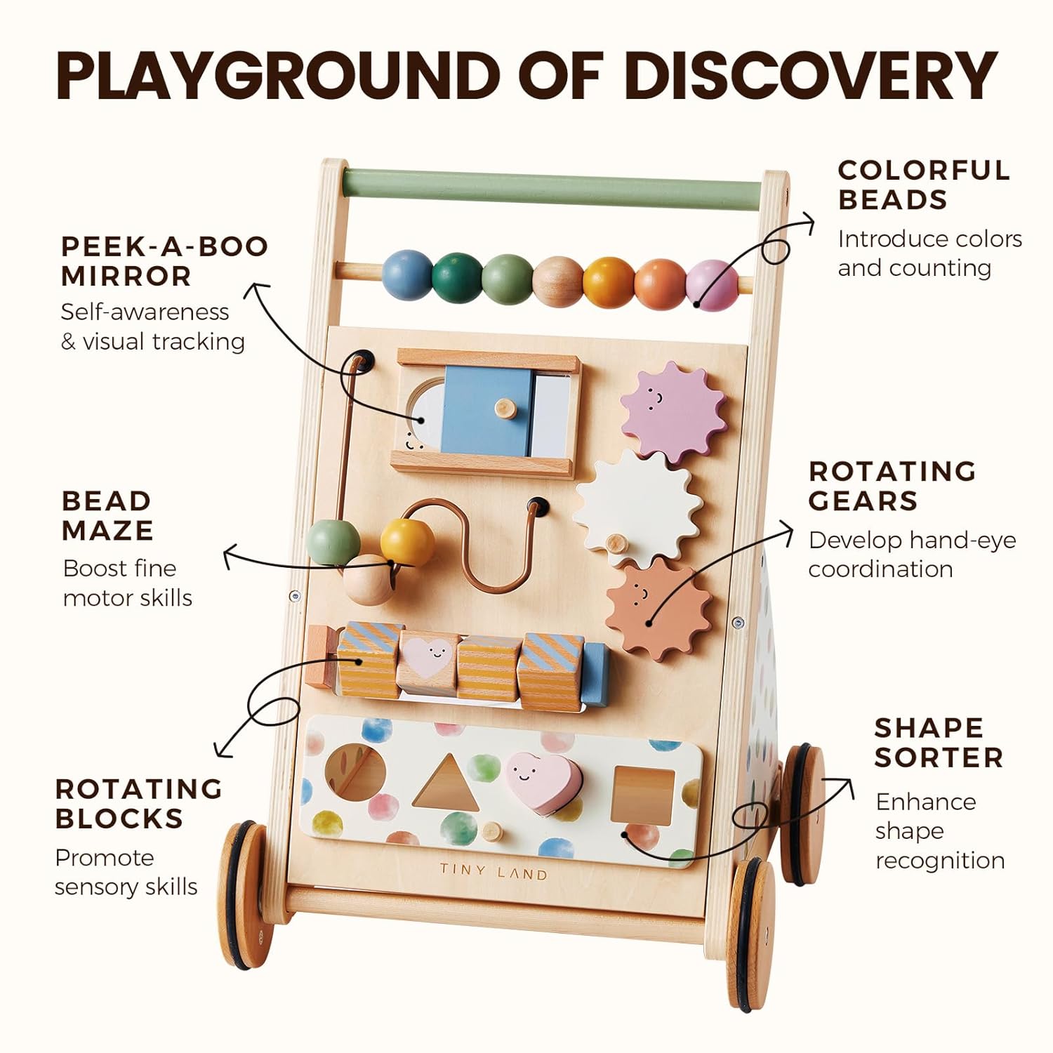 Tiny Land Wooden Baby Walker, Adjustable Speed Baby Push Walker for Boys and Girls, Montessori Activity Center Push Toy for Kids Development (Morandi) - Image 5