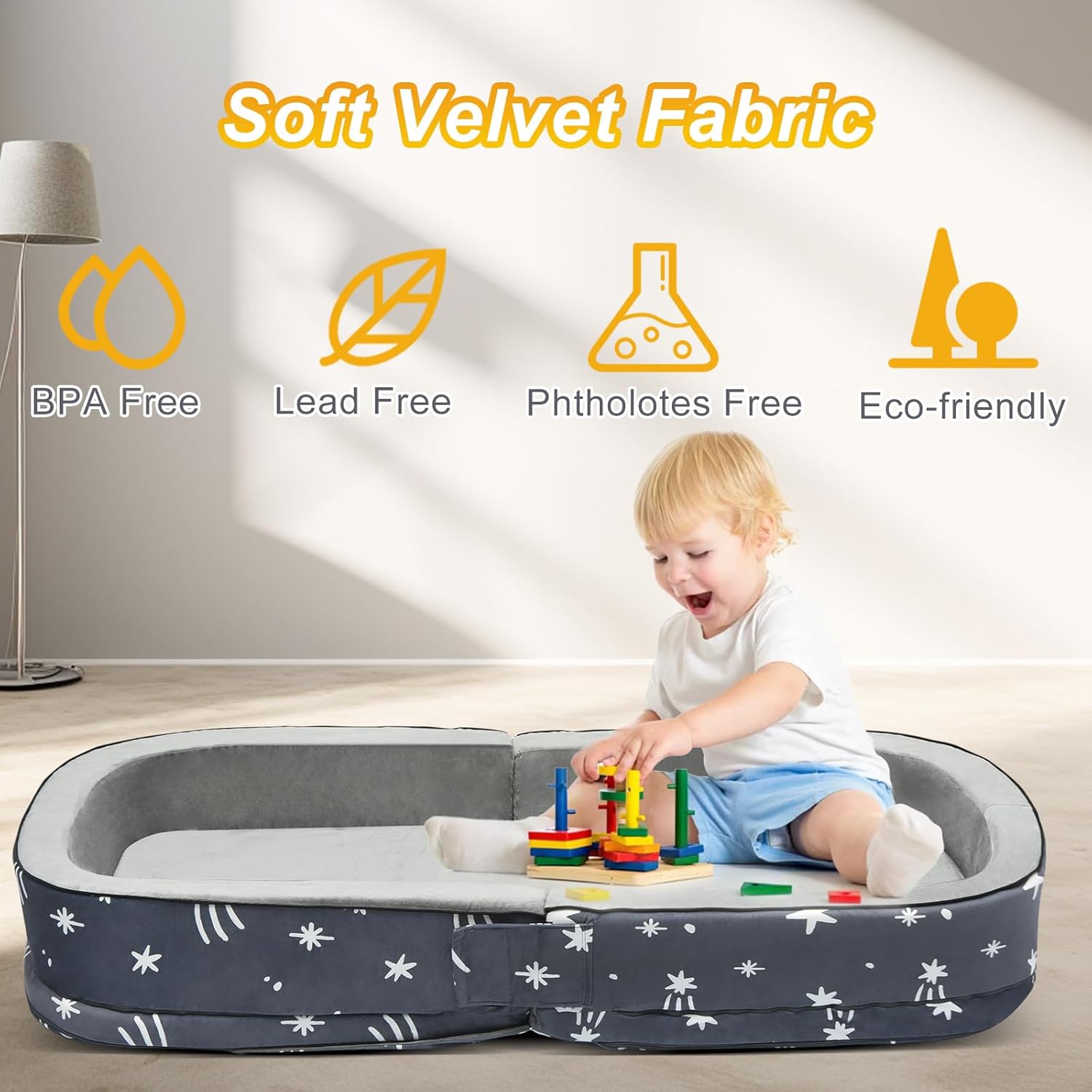 Lvimilio Portable Toddler Travel Bed, Foldable Kids Floor Bed for Home/Travel with Foam Mattres, Toddler Cot for Kids Aged 1-4, Velvet Fabric - Image 5