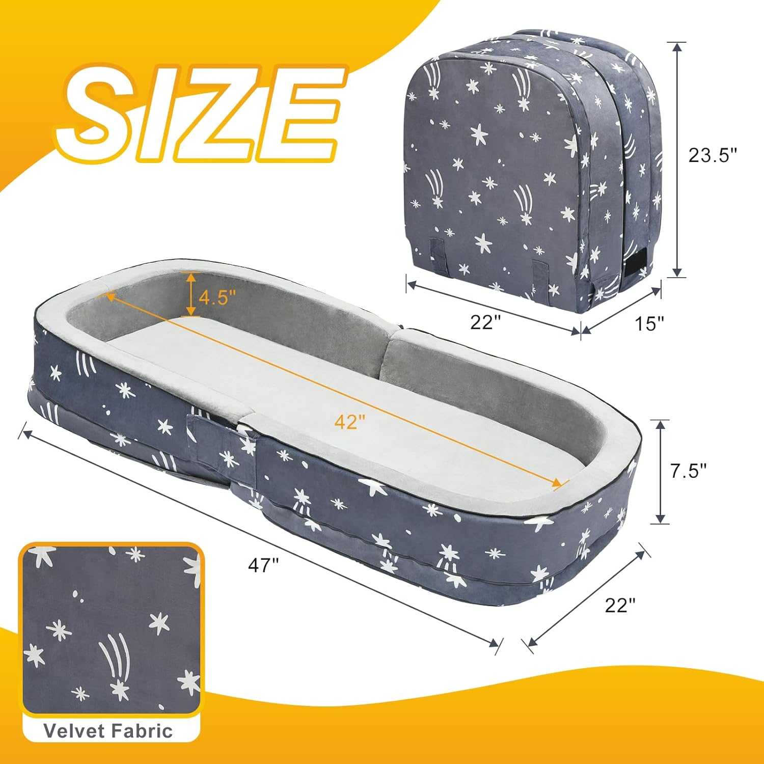 Lvimilio Portable Toddler Travel Bed, Foldable Kids Floor Bed for Home/Travel with Foam Mattres, Toddler Cot for Kids Aged 1-4, Velvet Fabric - Image 3