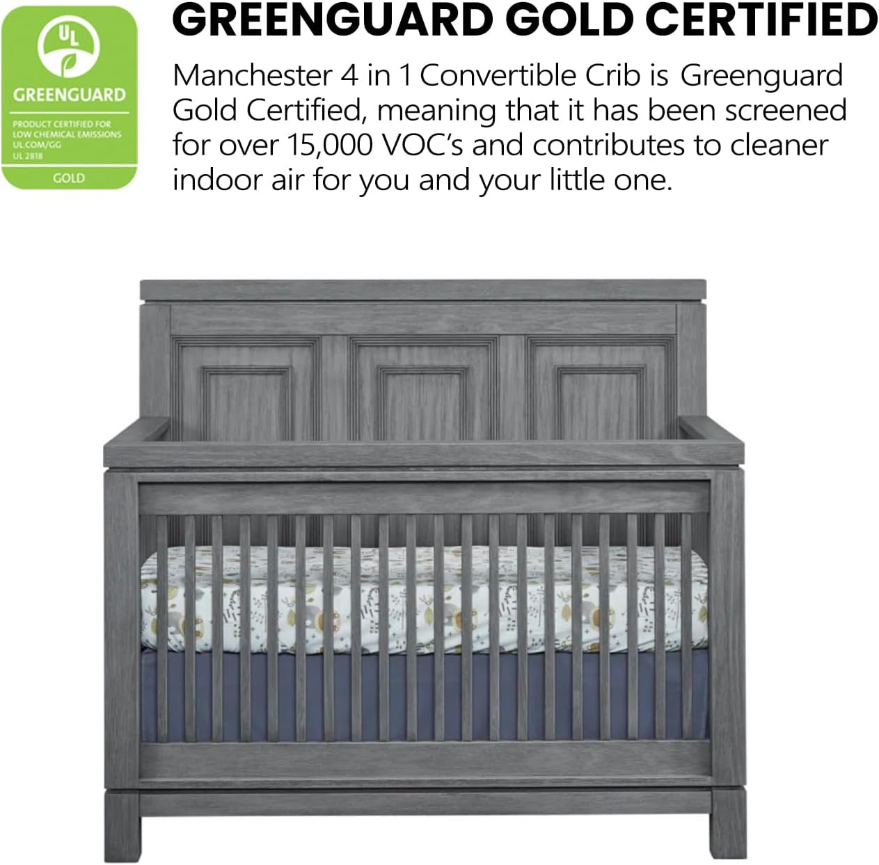 Soho Baby Manchester Premium 4-in-1 Convertible Crib, Flat-Top Headboard, Rustic Gray, GreenGuard Gold Certified - Image 7