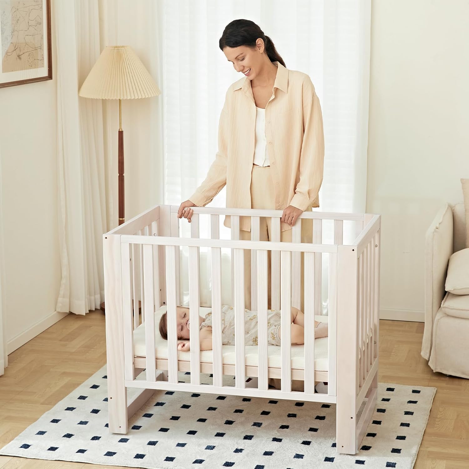 MAMAZING EvoNest Baby Crib, 6 in 1 Convertible Mini Crib with Wheels, 100% New Zealand Wood Growing Bed, 4 Adjustable Mattress Height, GREENGUARD Gold Certified, Wahsed Natural (Beige) - Image 4