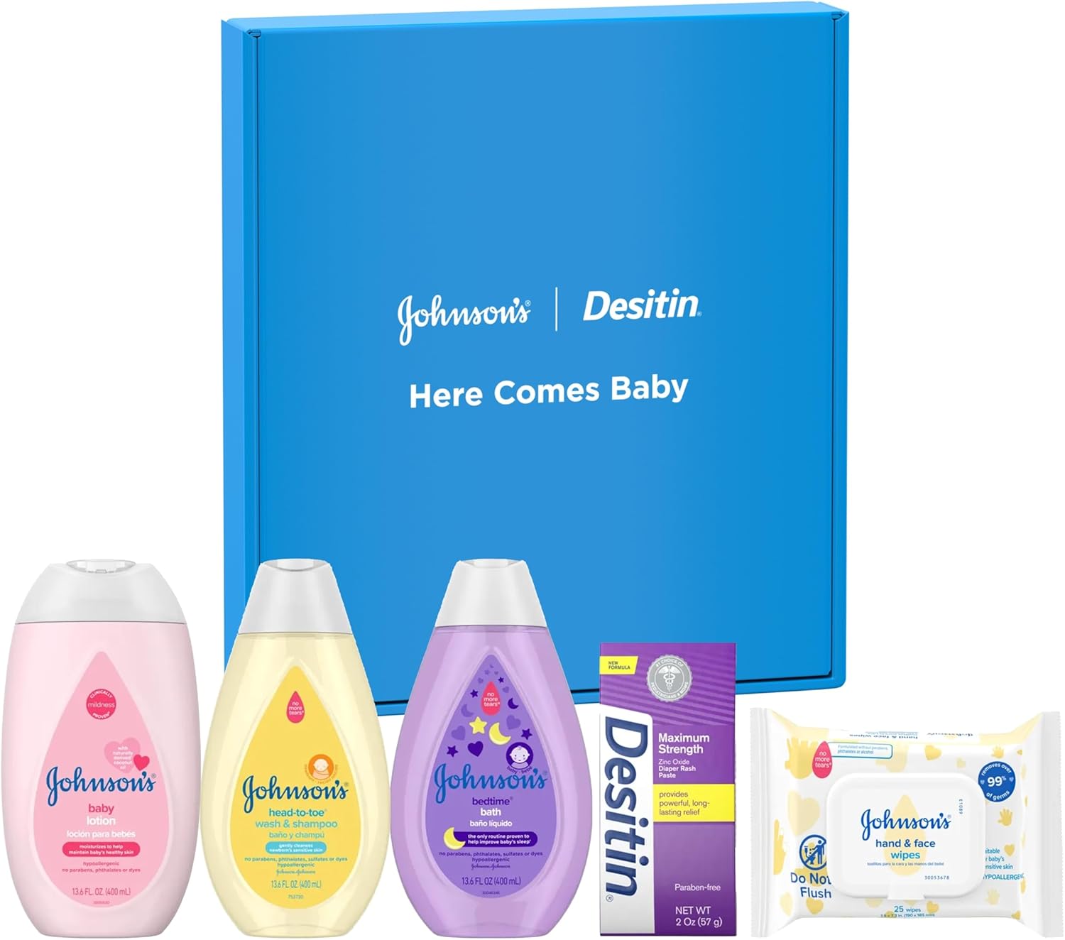 Johnson's Baby Here Comes Baby Gift Set, Baby Essentials for New Parents with Moisturizing Lotion, Bedtime Bath, Body Wash & Shampoo, Hand & Face Wipes, & Diaper Rash Cream, 5 Items - Image 2