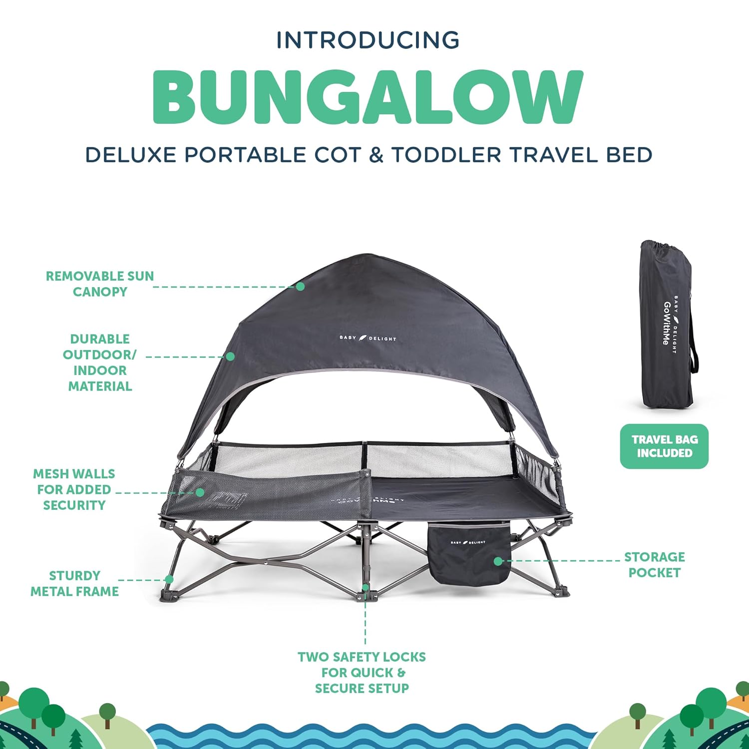 Baby Delight Go with Me Bungalow Deluxe Portable Cot | Toddler Travel Bed | Indoor and Outdoor | Sun Canopy | Grey - Image 4
