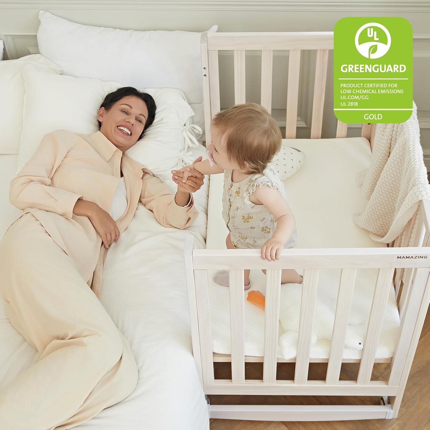 MAMAZING EvoNest Baby Crib, 6 in 1 Convertible Mini Crib with Wheels, 100% New Zealand Wood Growing Bed, 4 Adjustable Mattress Height, GREENGUARD Gold Certified, Wahsed Natural (Beige) - Image 3