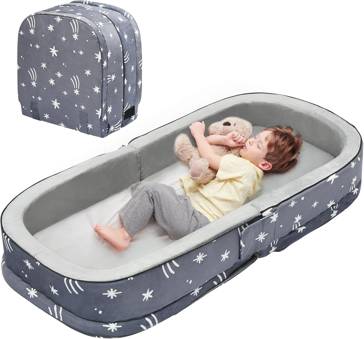 Lvimilio Portable Toddler Travel Bed, Foldable Kids Floor Bed for Home/Travel with Foam Mattres, Toddler Cot for Kids Aged 1-4, Velvet Fabric - Image 2