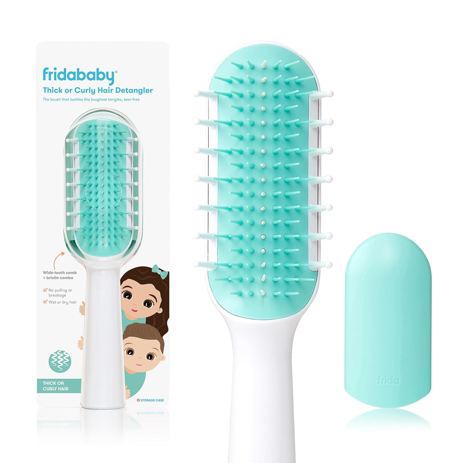Frida Baby Thick or Curly Hair Detangler Brush for Kids, Toddler Hairbrush Detangles Knots Without Tears or Breakage, Comb Teeth and Bristle Design, White/Blue ,1 Count - Image 2