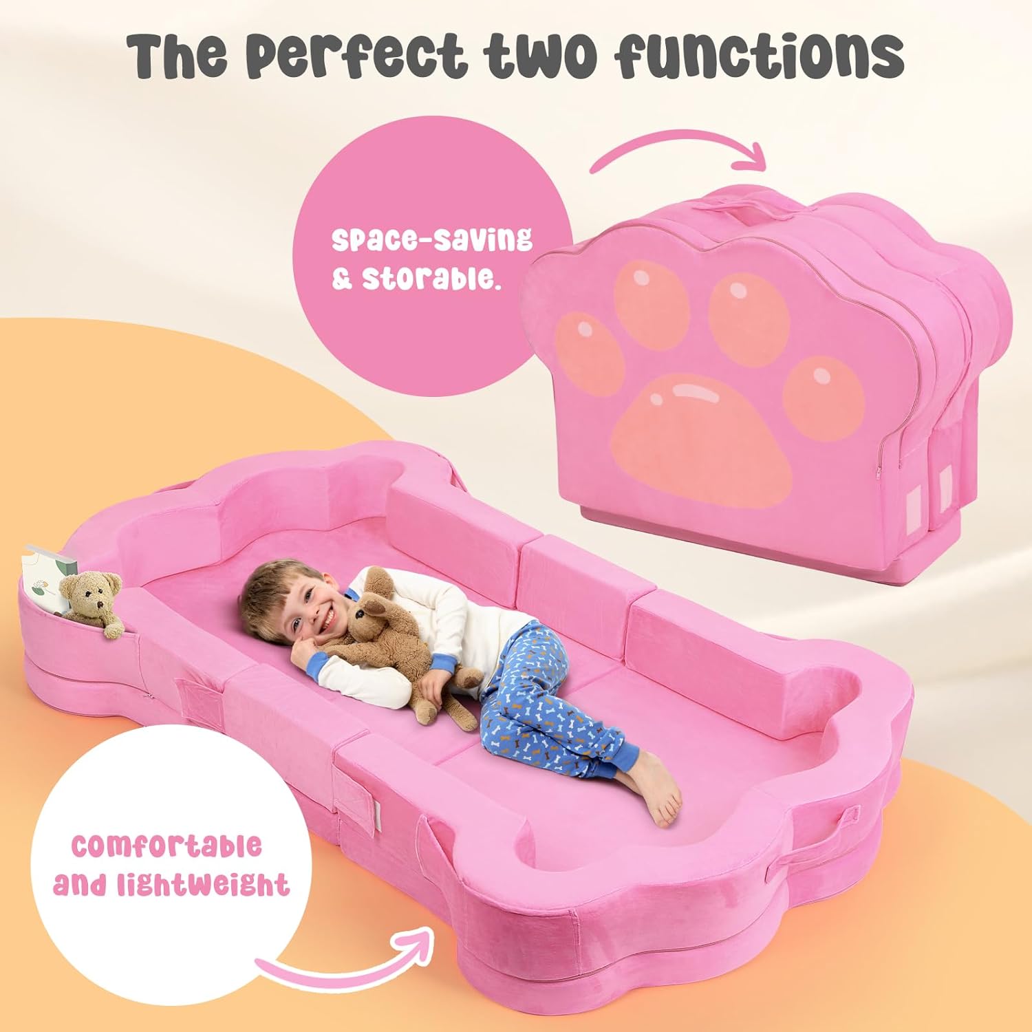 Foldable Portable Toddler Travel Bed,Toddler Floor Bed with Washable Cover for Kids,Soft and Safe (Pink) - Image 4