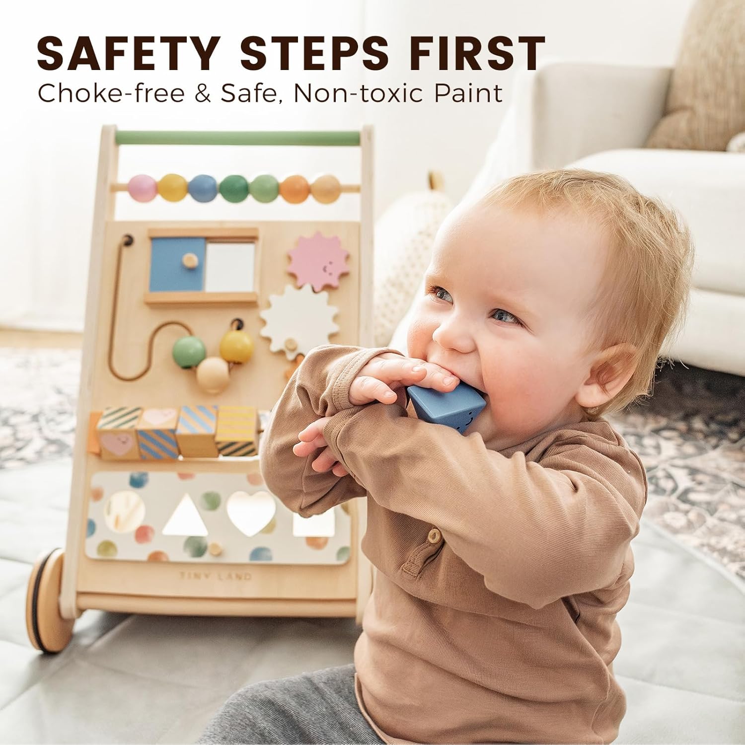 Tiny Land Wooden Baby Walker, Adjustable Speed Baby Push Walker for Boys and Girls, Montessori Activity Center Push Toy for Kids Development (Morandi) - Image 6