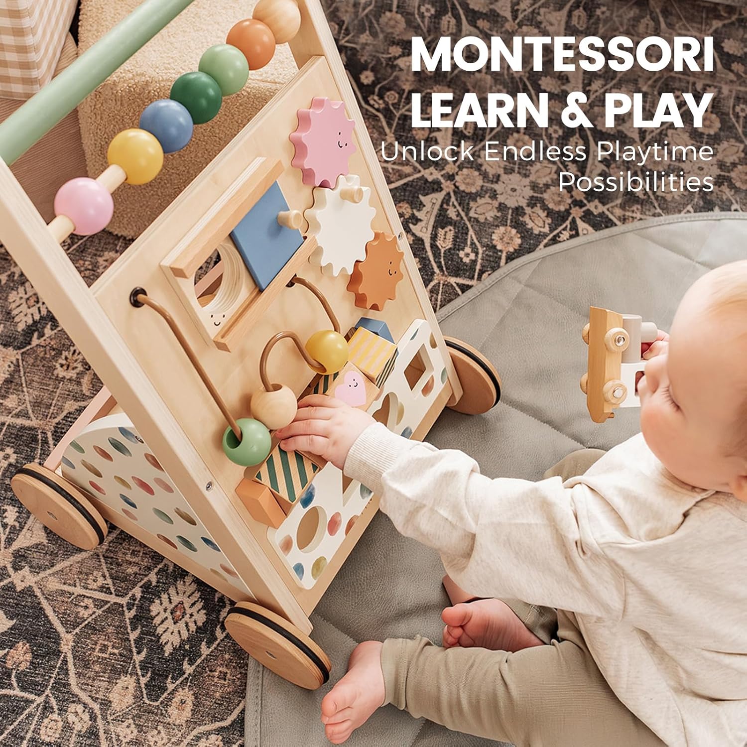Tiny Land Wooden Baby Walker, Adjustable Speed Baby Push Walker for Boys and Girls, Montessori Activity Center Push Toy for Kids Development (Morandi) - Image 8
