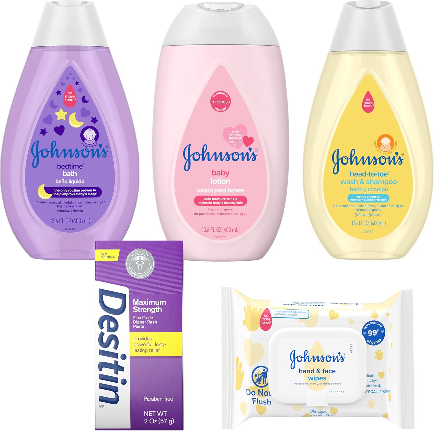 Johnson's Baby Here Comes Baby Gift Set, Baby Essentials for New Parents with Moisturizing Lotion, Bedtime Bath, Body Wash & Shampoo, Hand & Face Wipes, & Diaper Rash Cream, 5 Items - Image 6