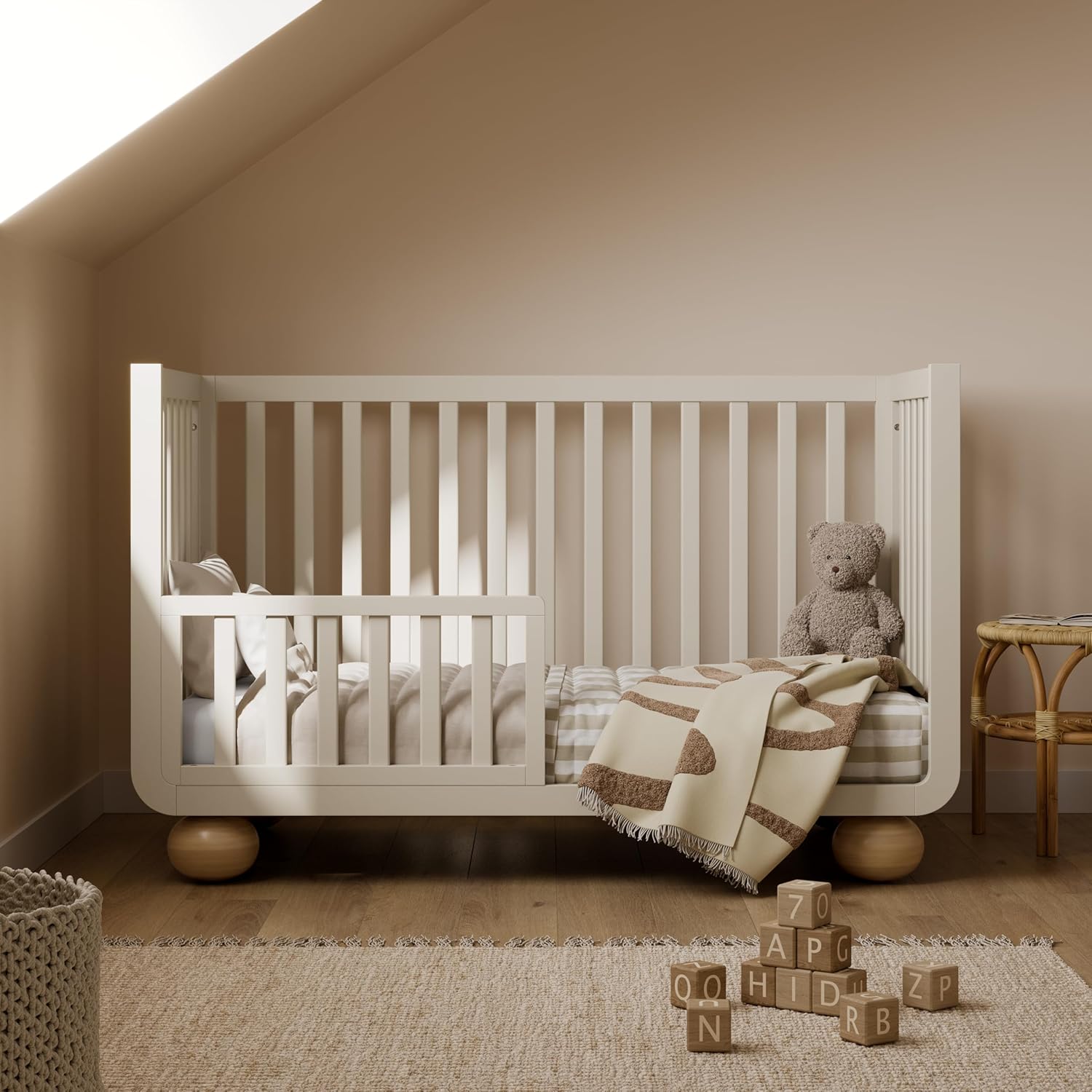 Storkcraft Amalfi Convertible Crib with Toddler Guardrail (Frosted Oat & Driftwood) – GREENGUARD Gold Certified, Toddler Bed Conversion Kit Included, Fits Standard Crib Mattress, Converts to Full Bed - Image 3