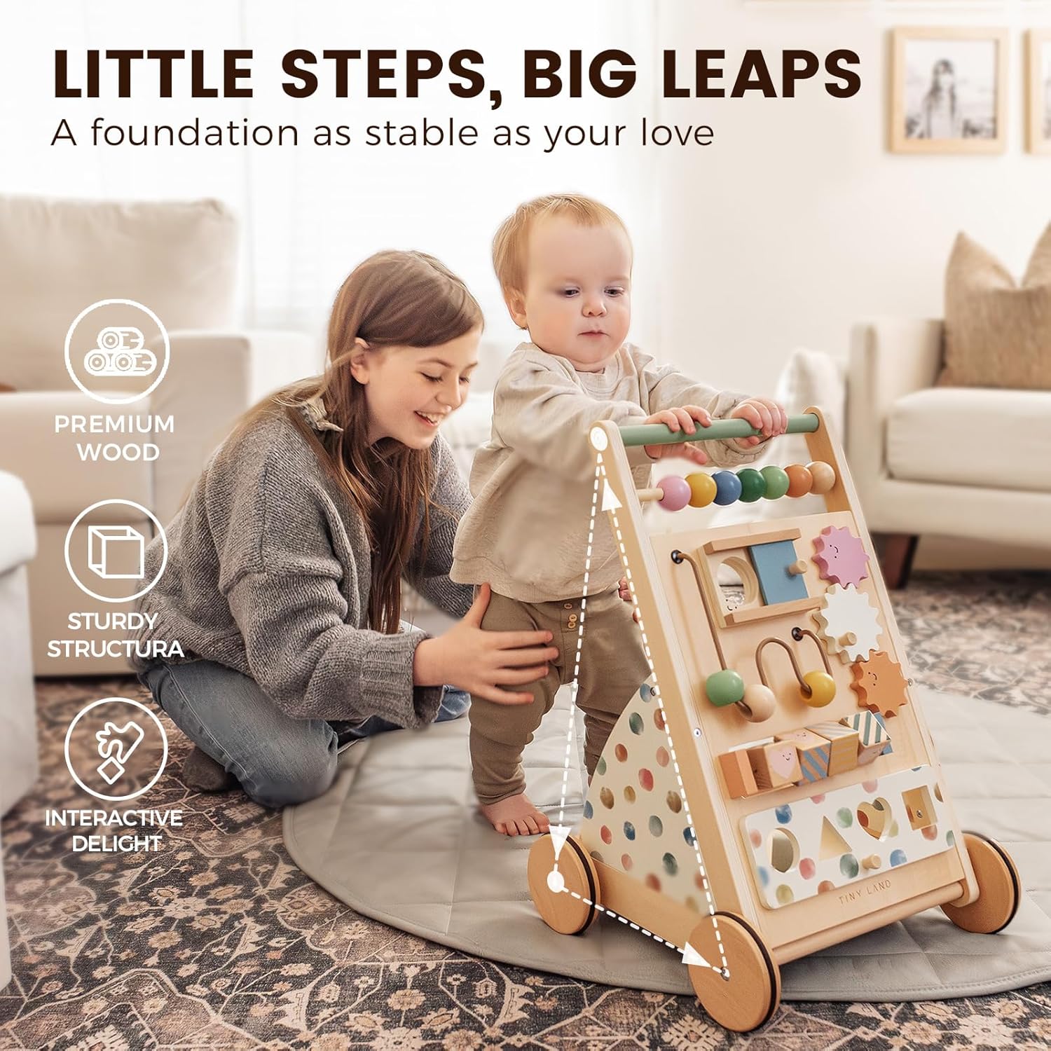 Tiny Land Wooden Baby Walker, Adjustable Speed Baby Push Walker for Boys and Girls, Montessori Activity Center Push Toy for Kids Development (Morandi) - Image 3