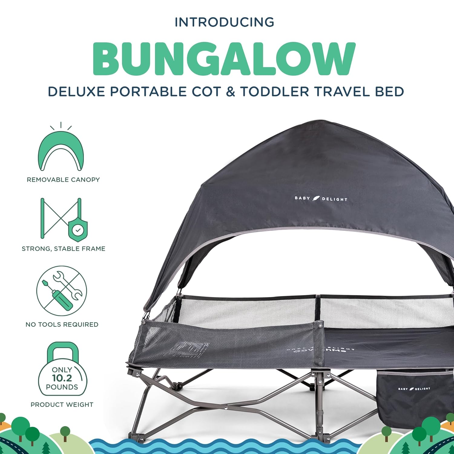 Baby Delight Go with Me Bungalow Deluxe Portable Cot | Toddler Travel Bed | Indoor and Outdoor | Sun Canopy | Grey - Image 3