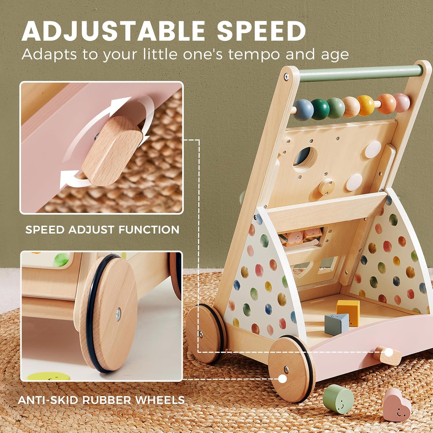 Tiny Land Wooden Baby Walker, Adjustable Speed Baby Push Walker for Boys and Girls, Montessori Activity Center Push Toy for Kids Development (Morandi) - Image 4