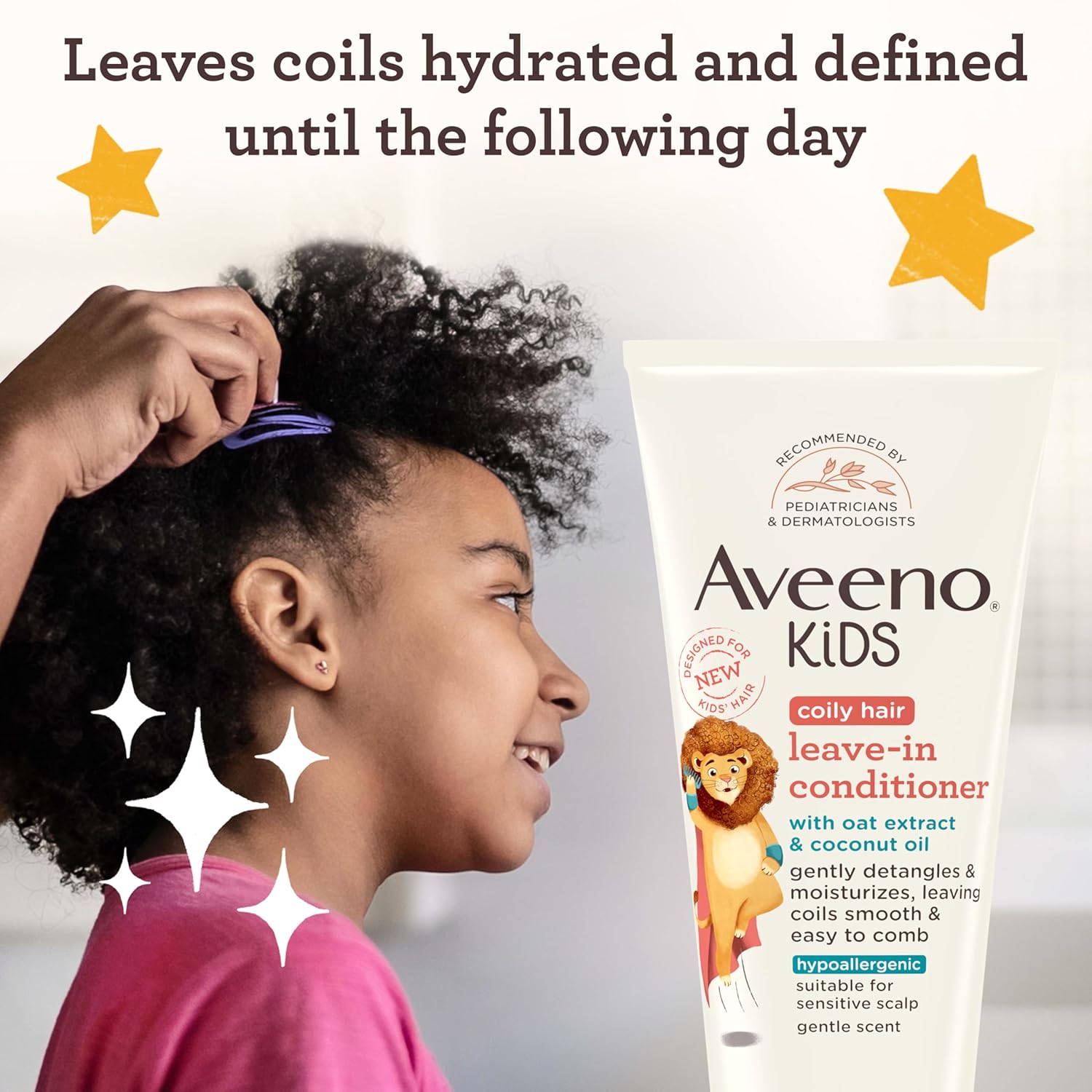 Aveeno Kids Coily Hair Leave-In Conditioner, Toddler Leave-In Conditioner for Sensitive Scalps Gently Detangles & Moisturizes Leaving Natural Curls & Coils Smooth, Hypoallergenic, 8 fl. oz - Image 3