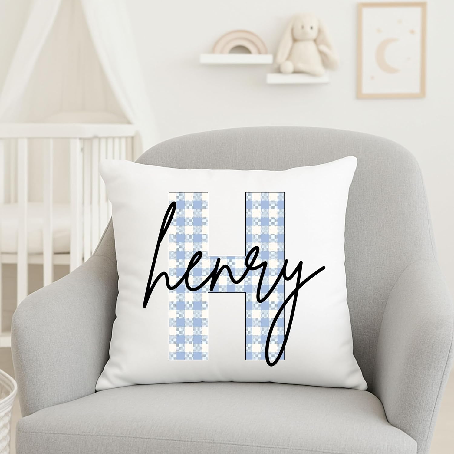 Personalized Name Pillow Custom Gingham Initial Monogram Throw Pillow with Kids Name Baby Nursery Décor Toddler Pillow Boys & Girls Room Decor Teen Bedroom Dorm Accent Cushion Birthday Gift - Image 5