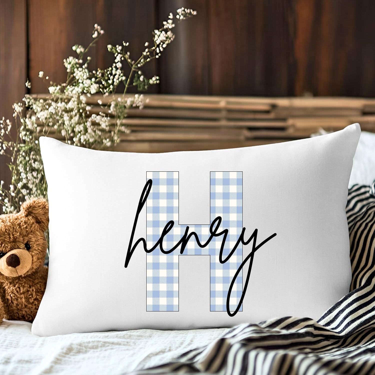 Personalized Name Pillow Custom Gingham Initial Monogram Throw Pillow with Kids Name Baby Nursery Décor Toddler Pillow Boys & Girls Room Decor Teen Bedroom Dorm Accent Cushion Birthday Gift - Image 3