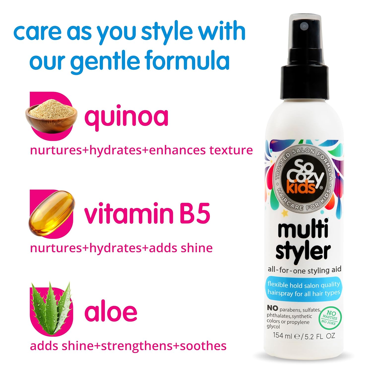 SoCozy Multi Styler, Styling Hair Spray for Kids, Safe for Everyday Use (5.2 Fl Oz) Holds Like a Light Gel, Gentle Formula with Quinoa, Vitamin B5 & Aloe, No Parabens, Sulfates or Synthetic Colors - Image 4