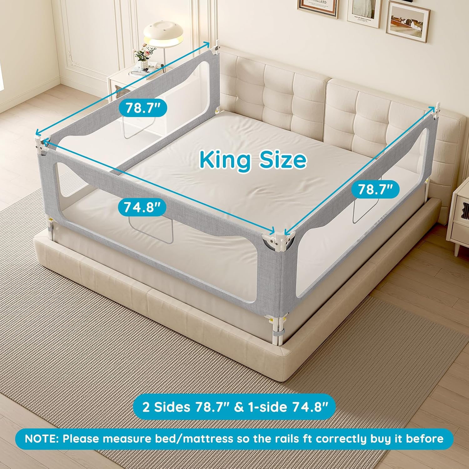 King Size Toddler Bed Rail: 3-Side Protection Bedrail for King Bed - Extral Tall Adjustable Child Safety Side Railing Guards for Infants Kids Child - Image 3