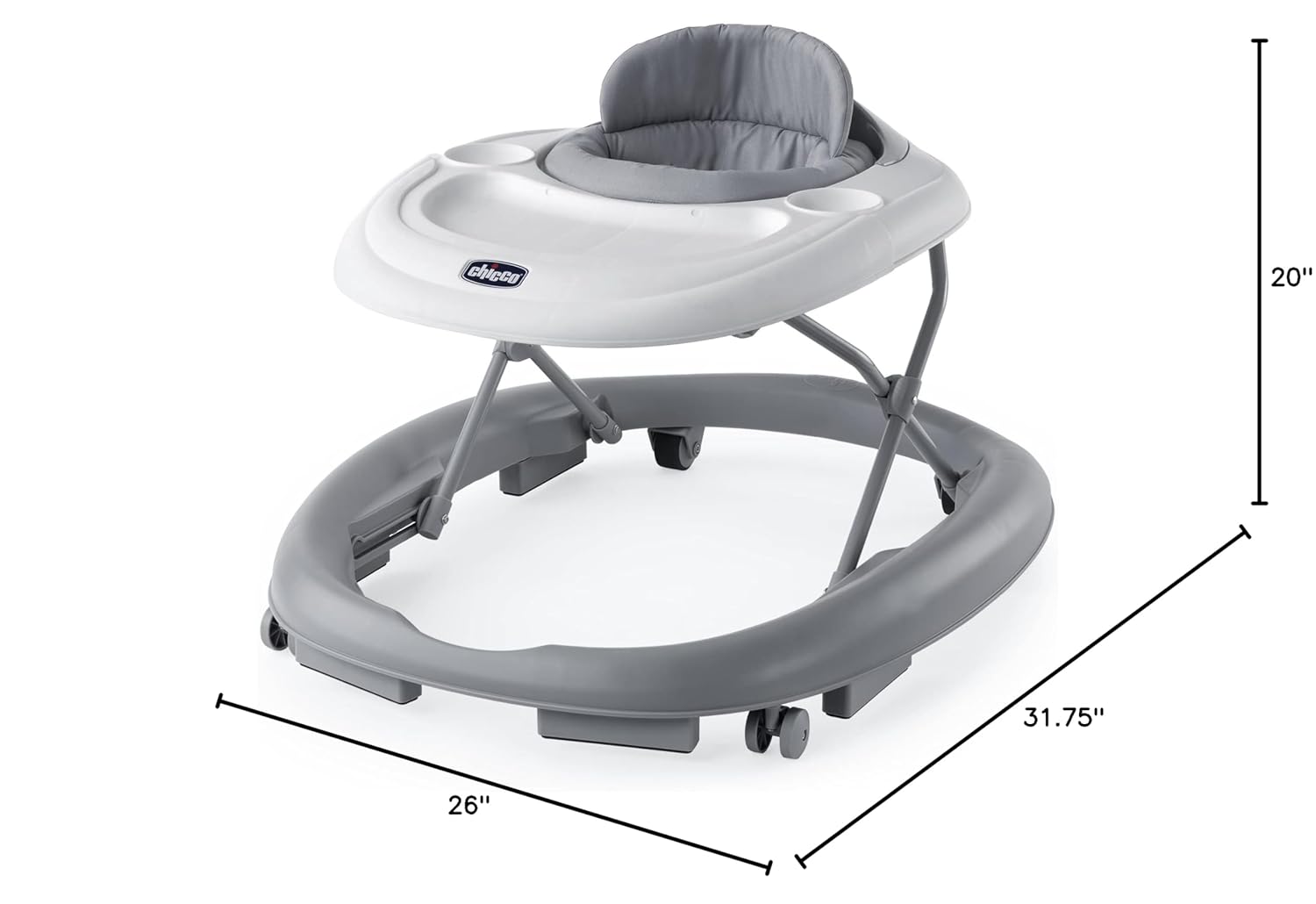 Chicco Mod Walker Foldable Infant Walker, 3 Height Adjustments, BPA-Free Tray with 2 Cup Holders, Brake Pads, for Children up to 26 lbs., Space-Saving Compact Fold | Grey/Grey - Image 9
